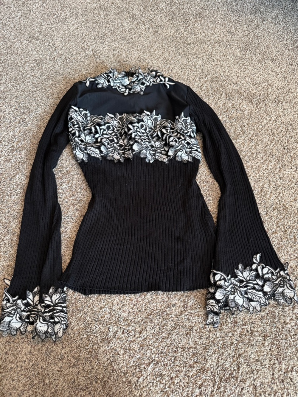 VENUS Black Ribbed Long-Sleeve Top with White Floral Lace Trim